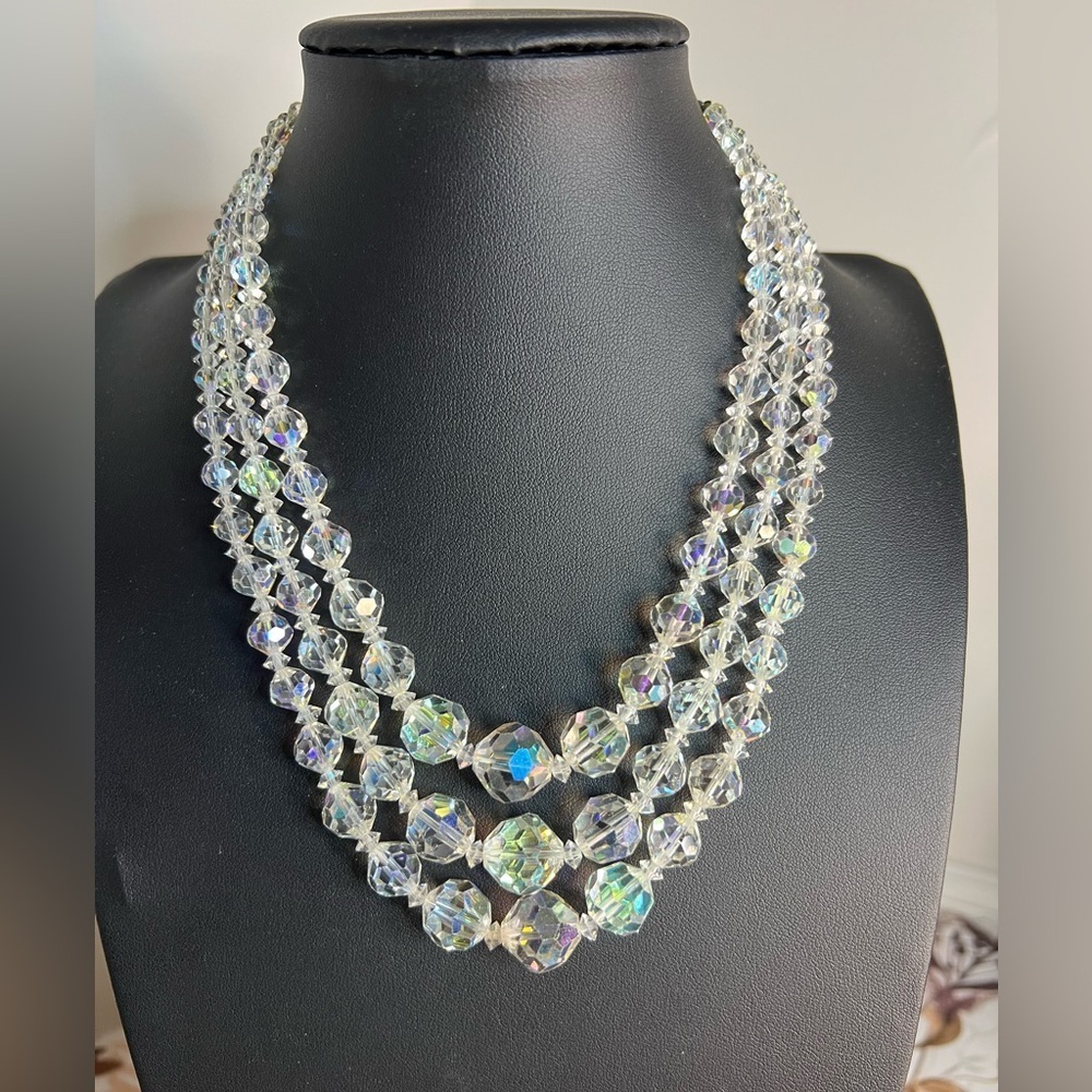 Vintage Triple Stranded Aurora Borealis Glass Bead Necklace 20.5” D15